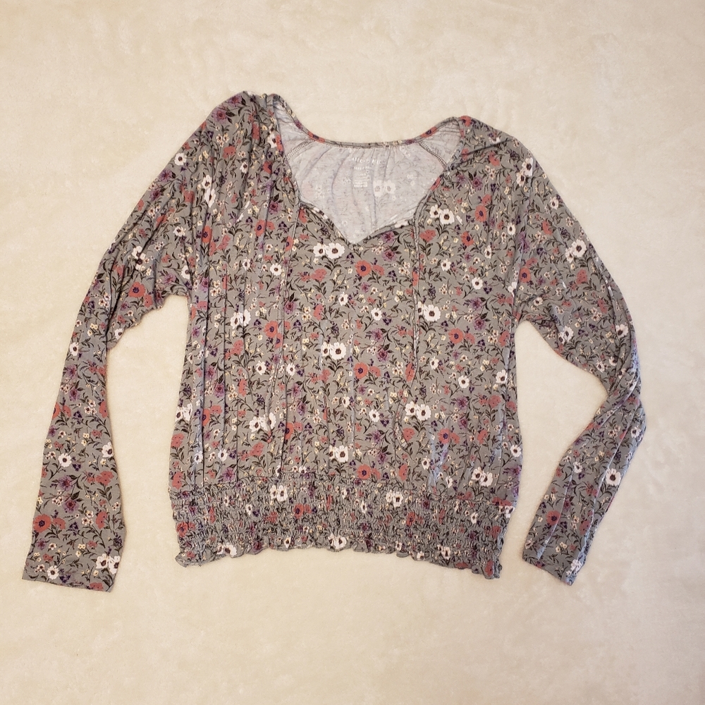 American Eagle Crop Smocked Peasant Top